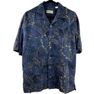 Caribbean Pure Silk Men's Hawaiian Palm Leaves Button Down Short Sleeve Large